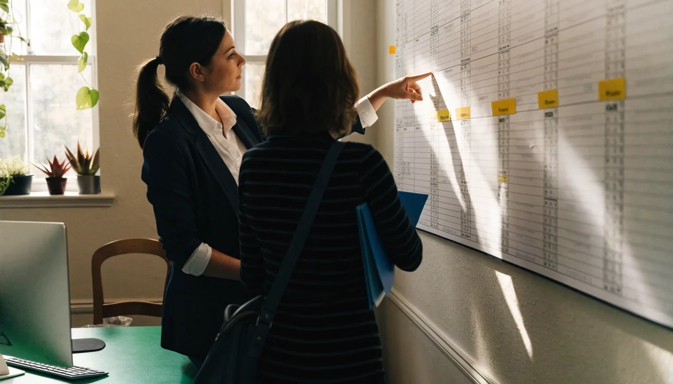 A payroll administrator and a colleague reviewing a pay cycle calendar in a small Atlanta office