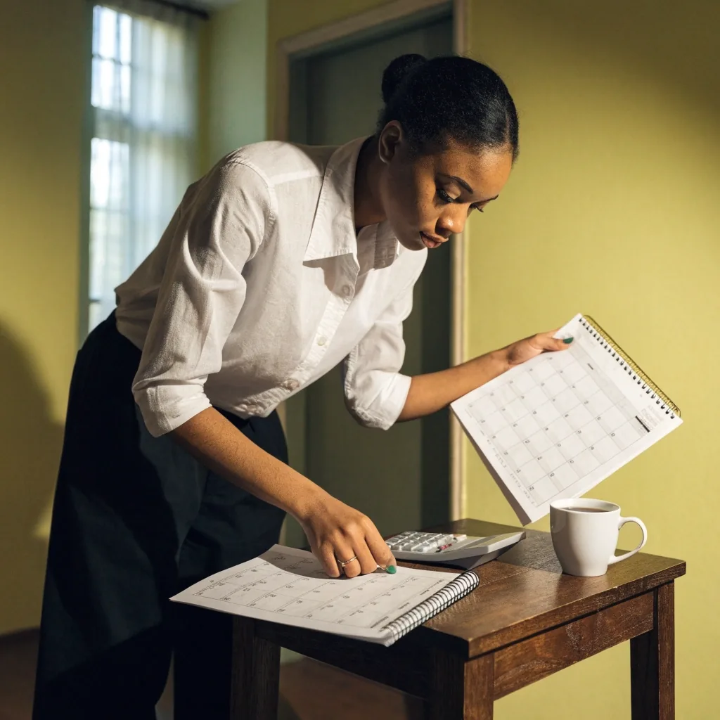 A payroll administrator comparing two printed pay-cycle calendars side by side