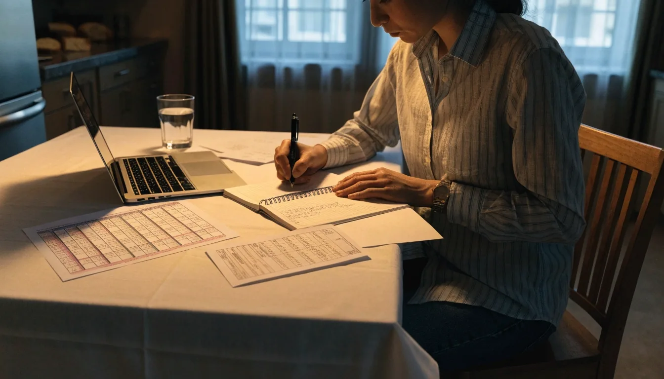 A worker planning a monthly budget around pay deposit dates at a kitchen table