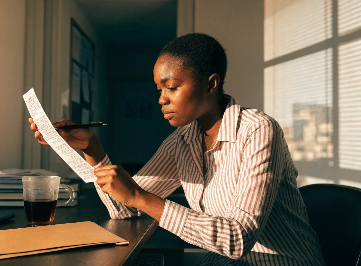 An editor holding a printed pay stub and a pen at a desk