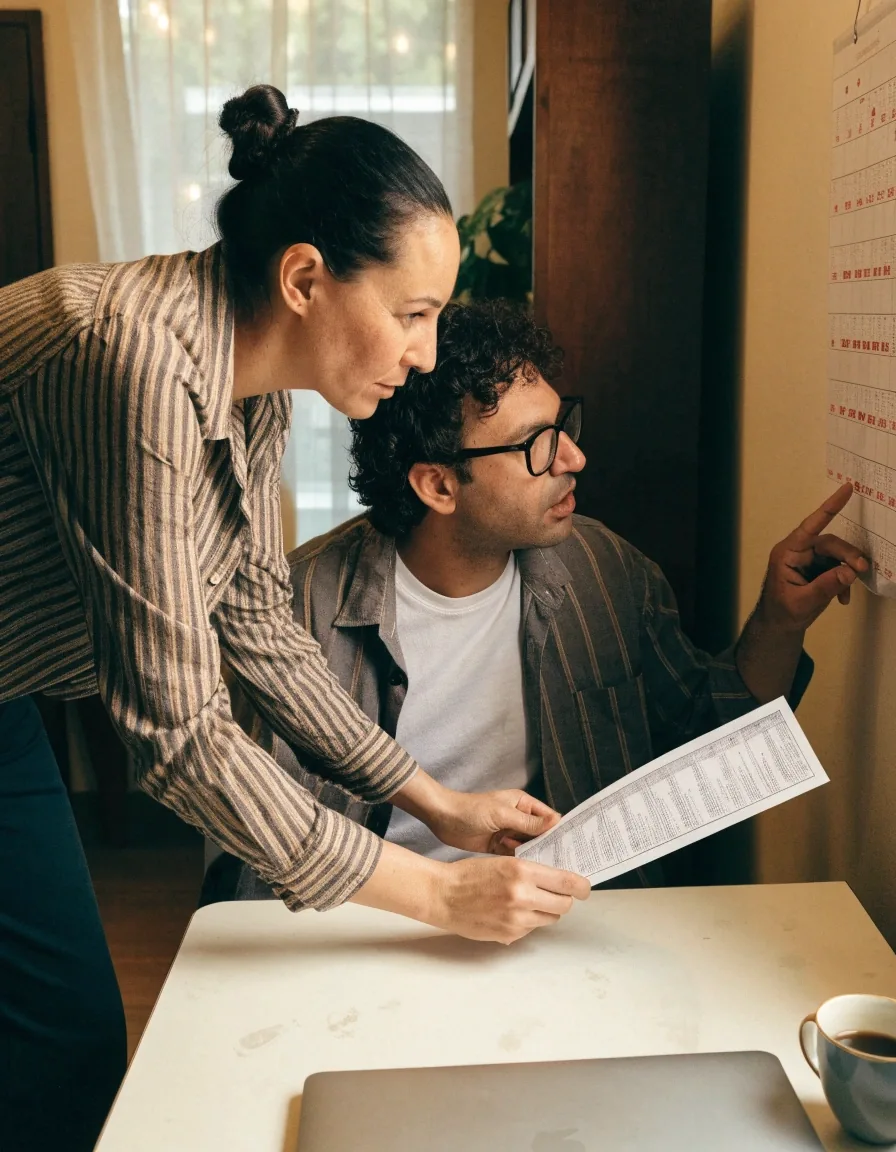 Two colleagues reviewing monthly pay schedules at an office table