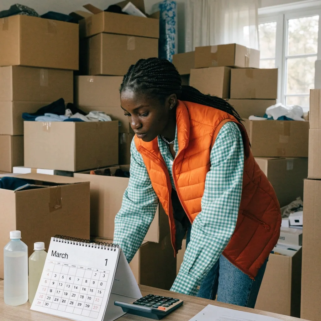 A worker setting up a new household budget after a job change, with moving boxes in the background