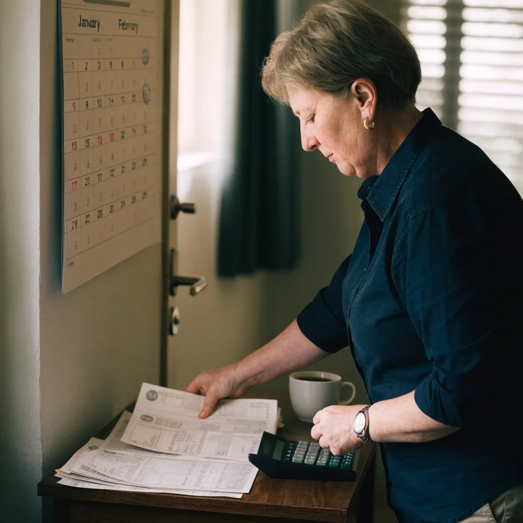 A person sorting household bills into two piles beside a wall calendar