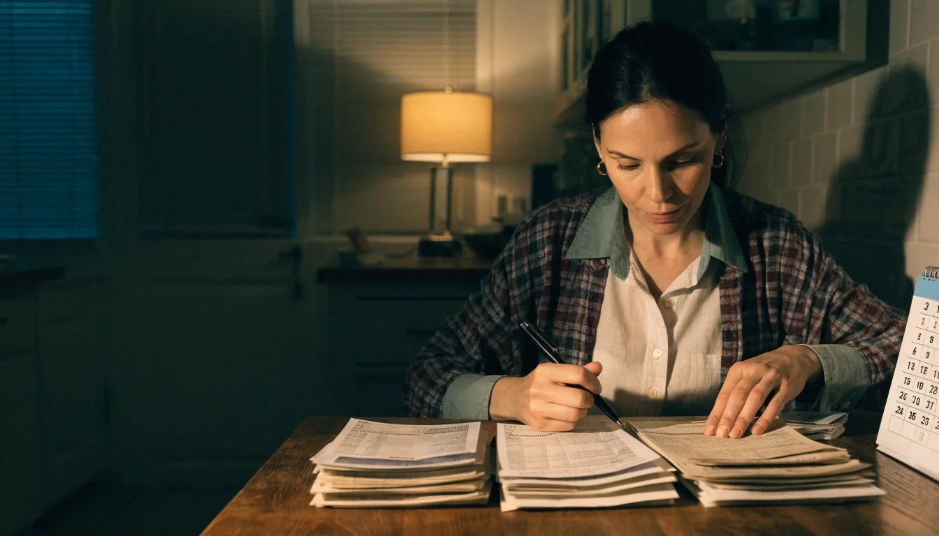 A worker reviewing a bi-weekly pay schedule and paper budget at a home desk