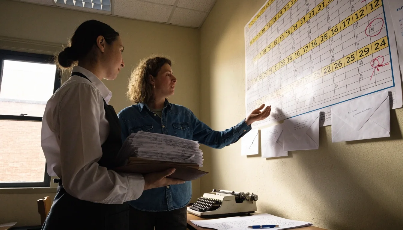 Two people planning a household budget at a kitchen table, comparing pay schedules and receipts
