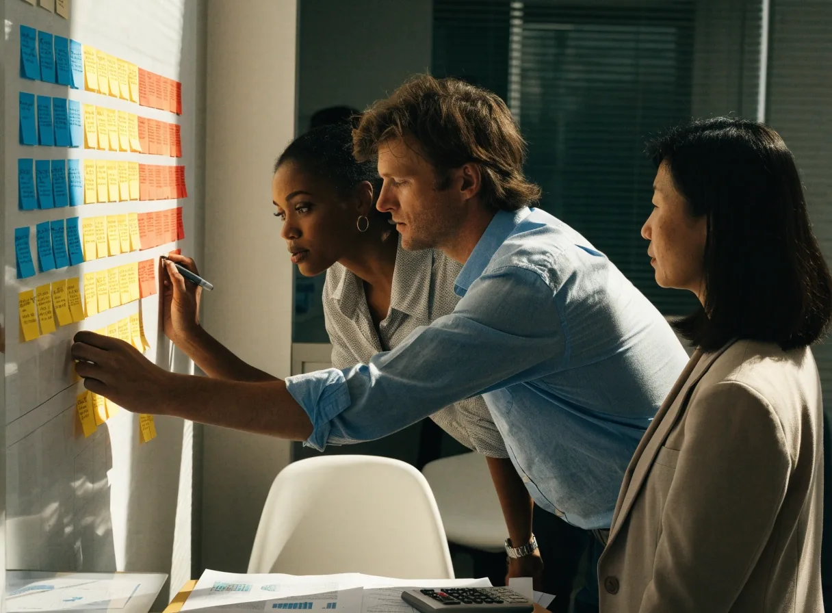 A management team comparing printed performance rating summaries around a table