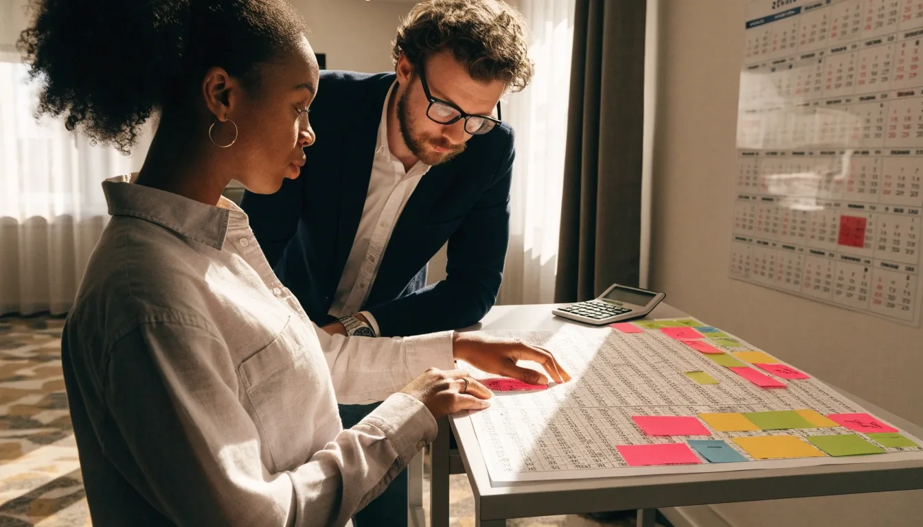 A manager pointing at a hand-drawn merit matrix grid on a conference table