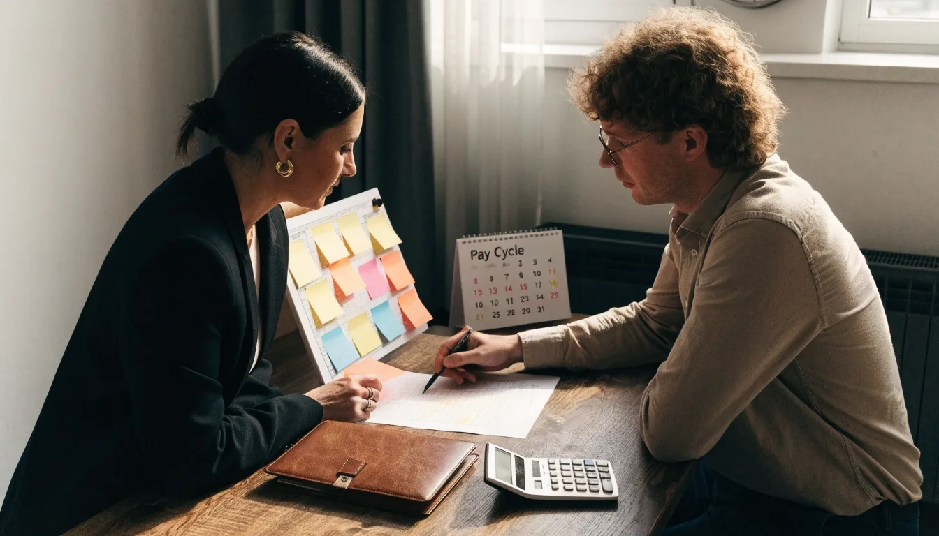 Two people reviewing salary range worksheets at a bright office table