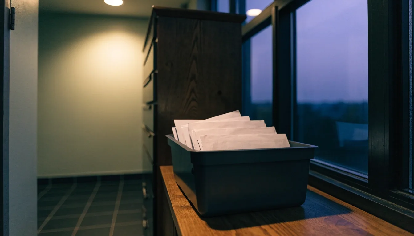 An open-plan office at dusk with warm window light and a long desk