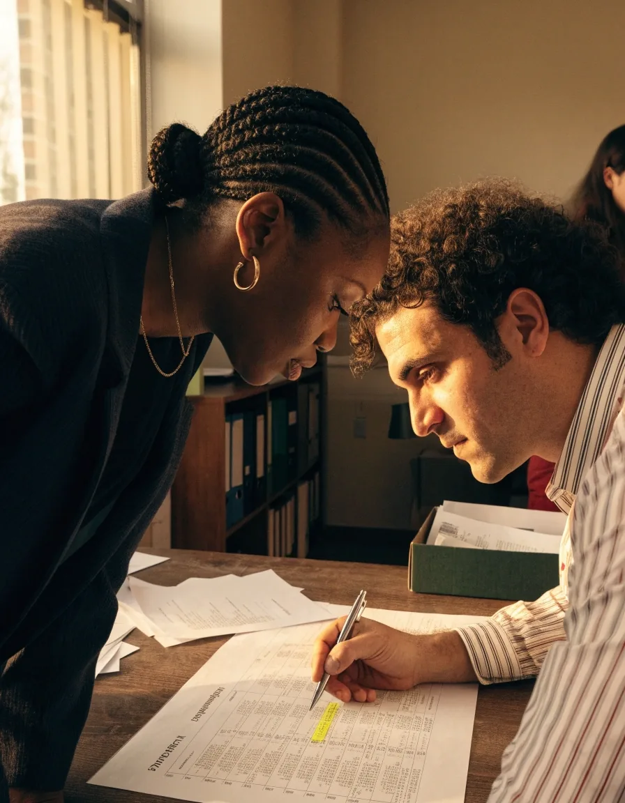 Two colleagues reviewing a printed semi-monthly pay calendar together at an office desk