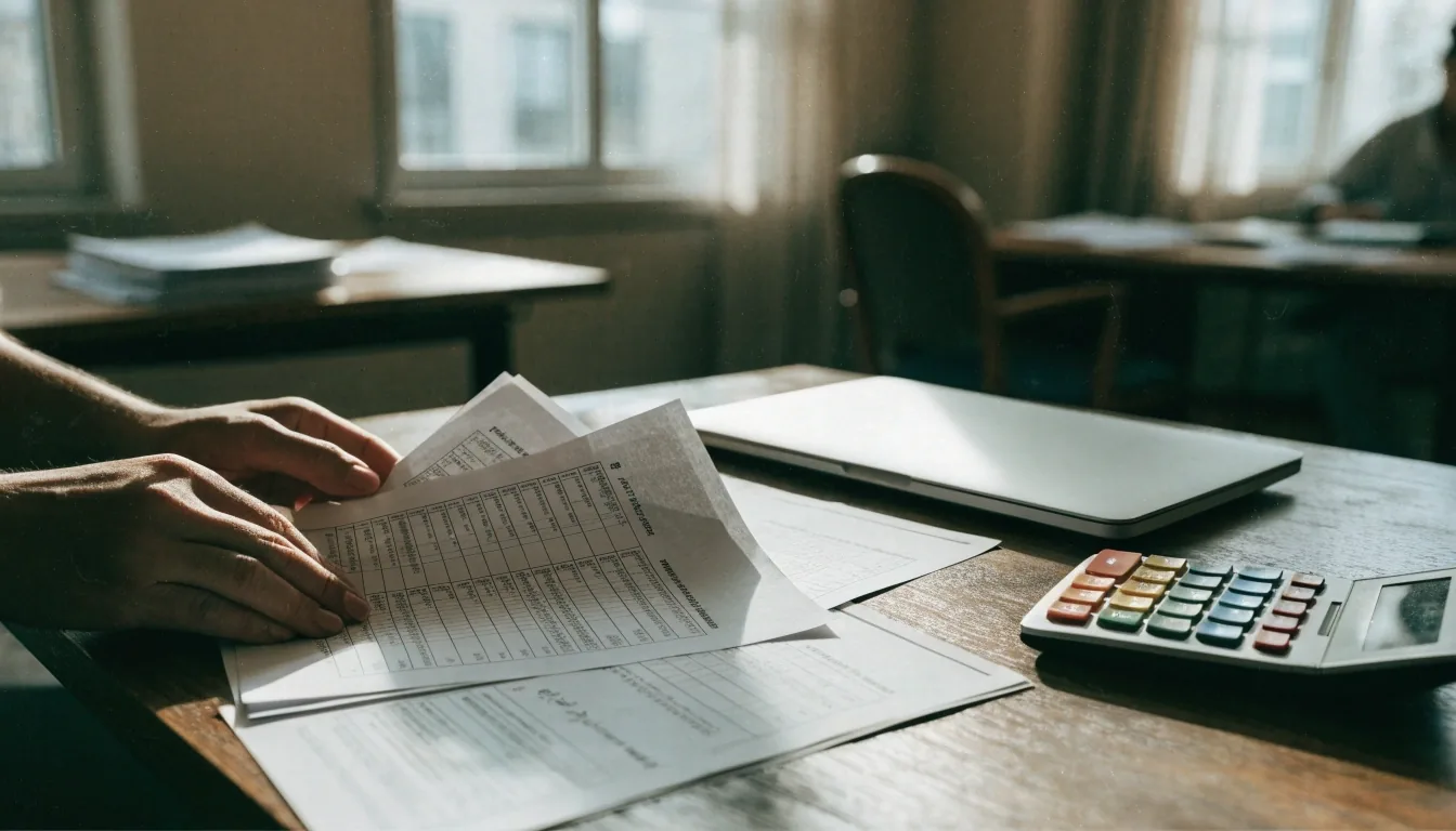 A payroll administrator sorting pay period schedules at a desk in a small office