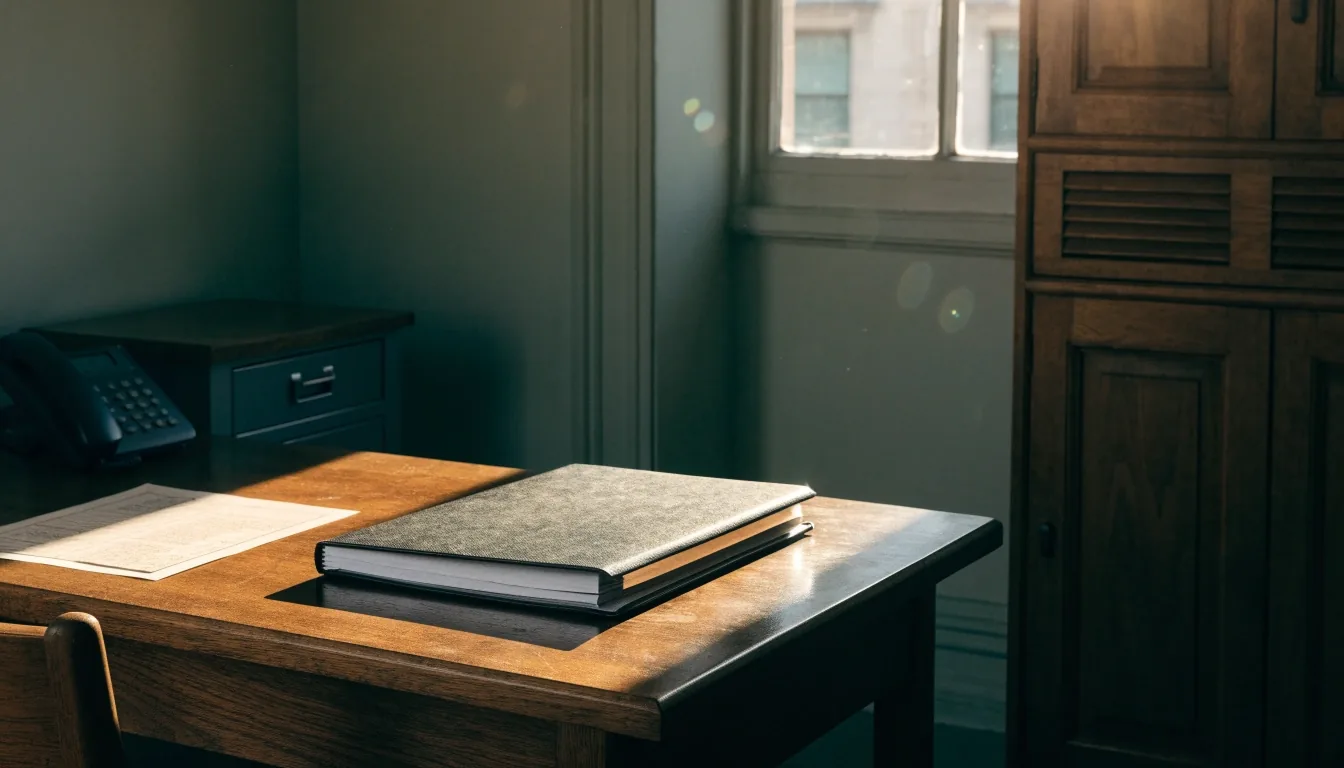 A quiet payroll office corner in late afternoon light with a closed folder on the desk