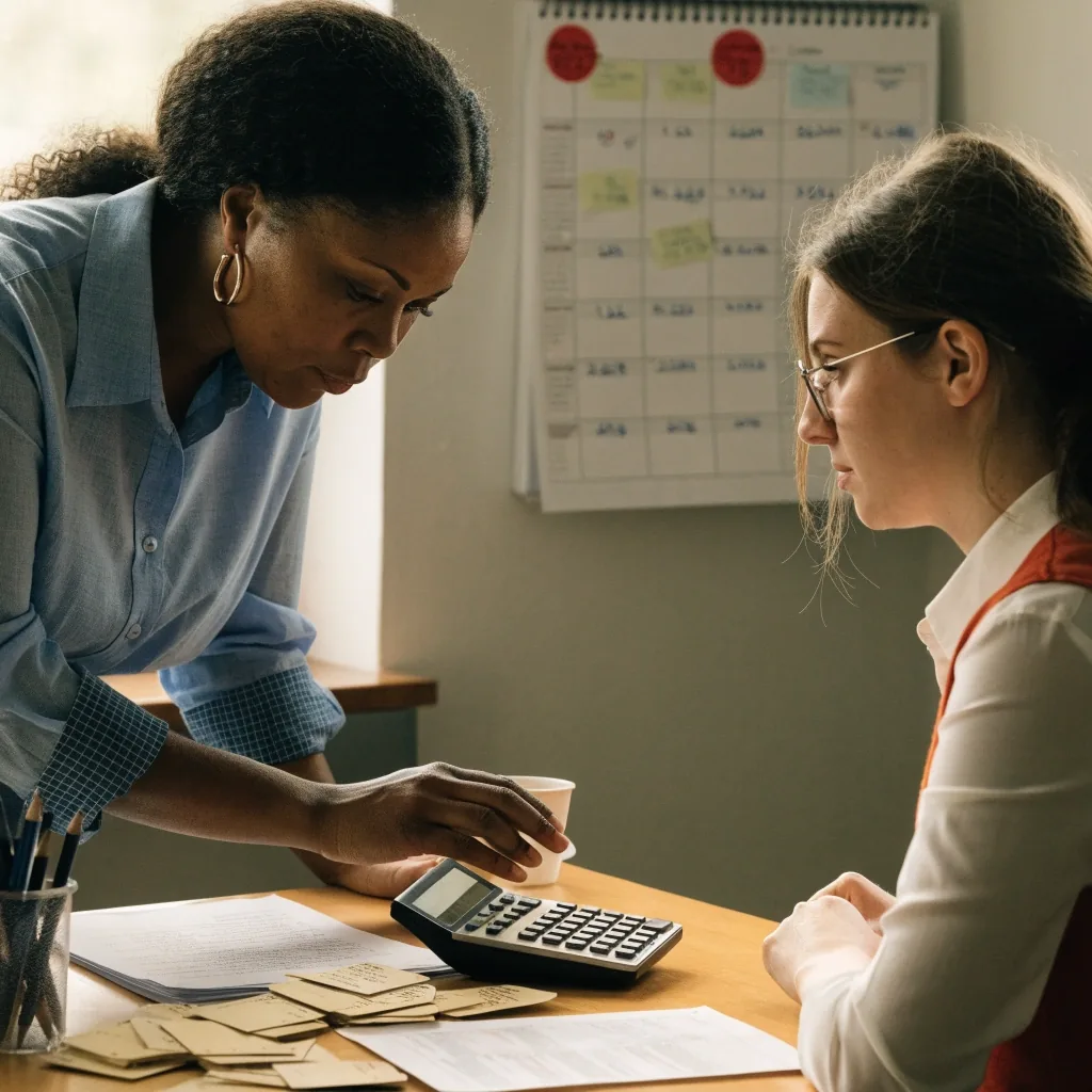 Payroll administrator reviewing a pay period run at a shared office desk