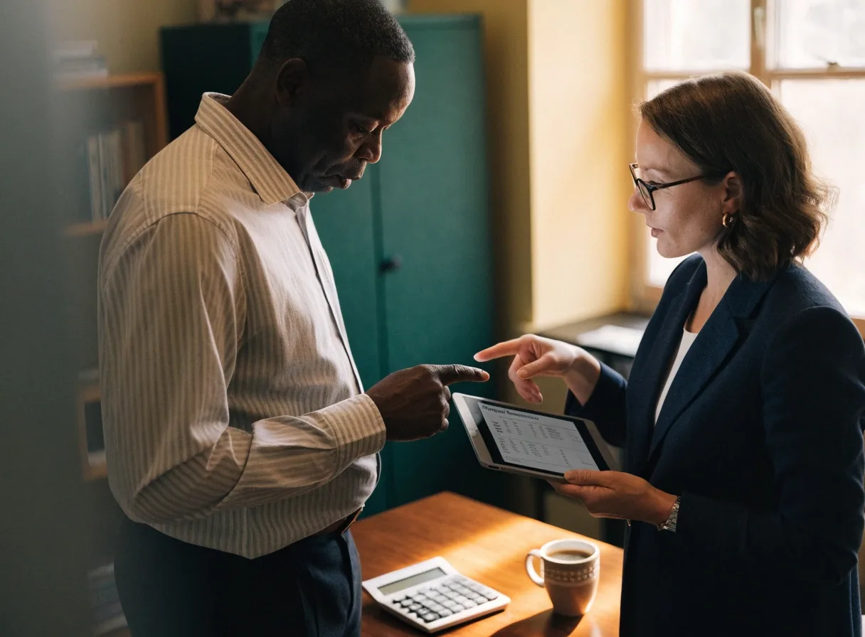 Small business owner and a colleague reviewing payroll costs on a tablet
