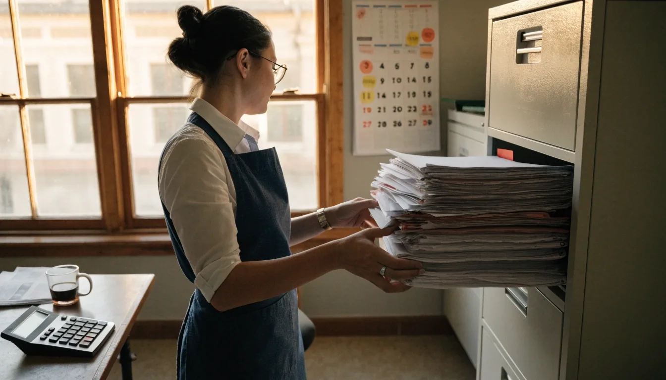 Employee reviewing a printed pay stub beside a calculator at home