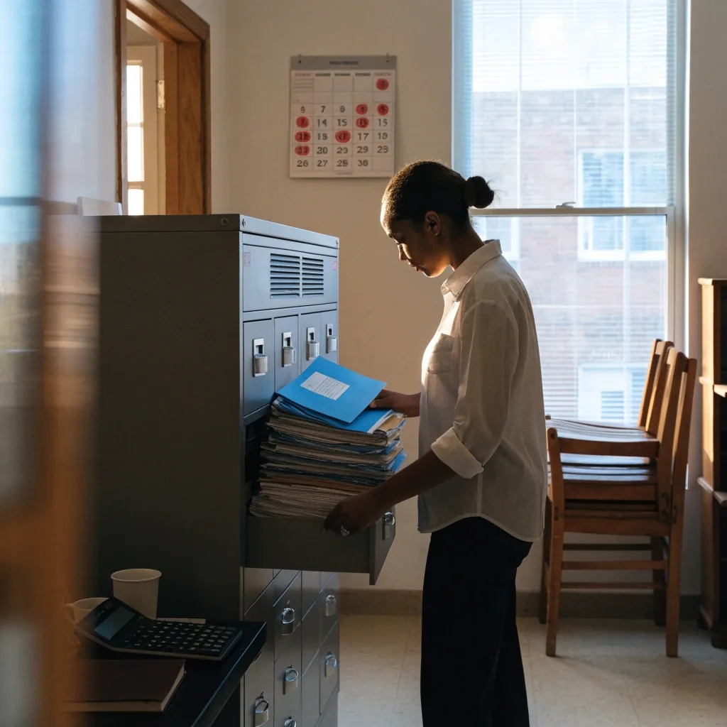 Payroll administrator reviewing pay statements in a small office