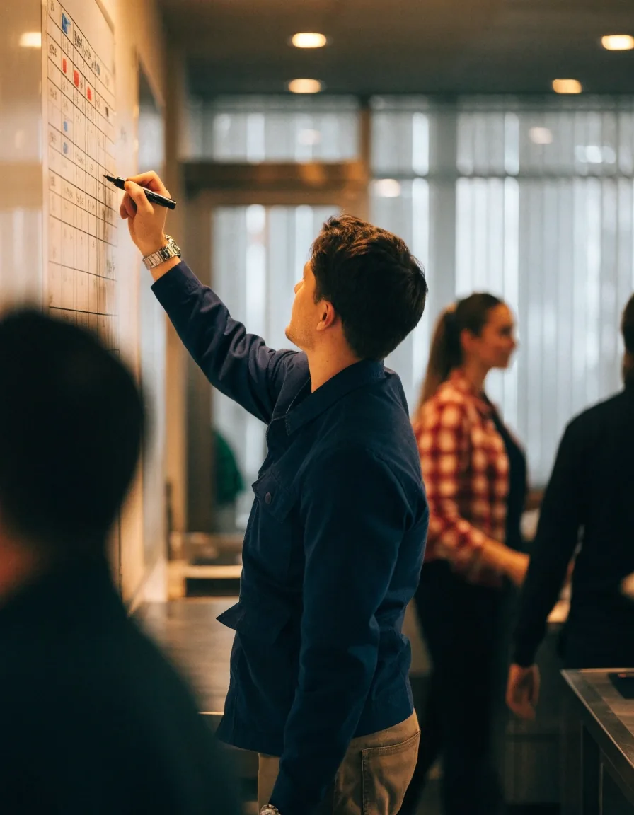A shift manager adjusting a weekly staff schedule on a whiteboard