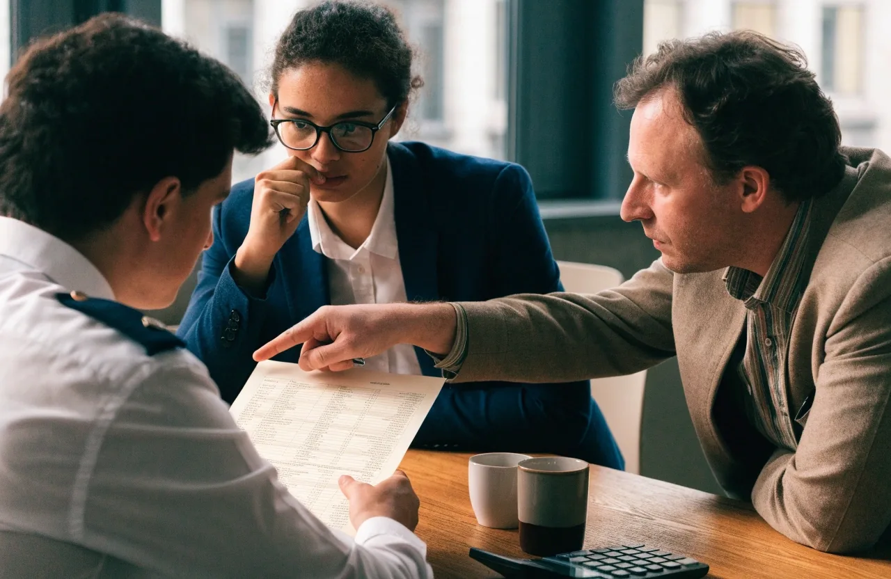 Three colleagues reviewing a salary planning sheet together in a bright office