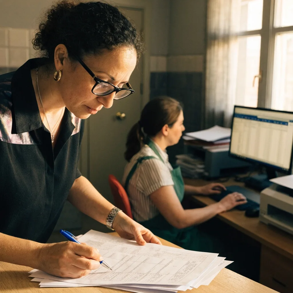 Two office colleagues reviewing timesheets during a payroll run in a small back office