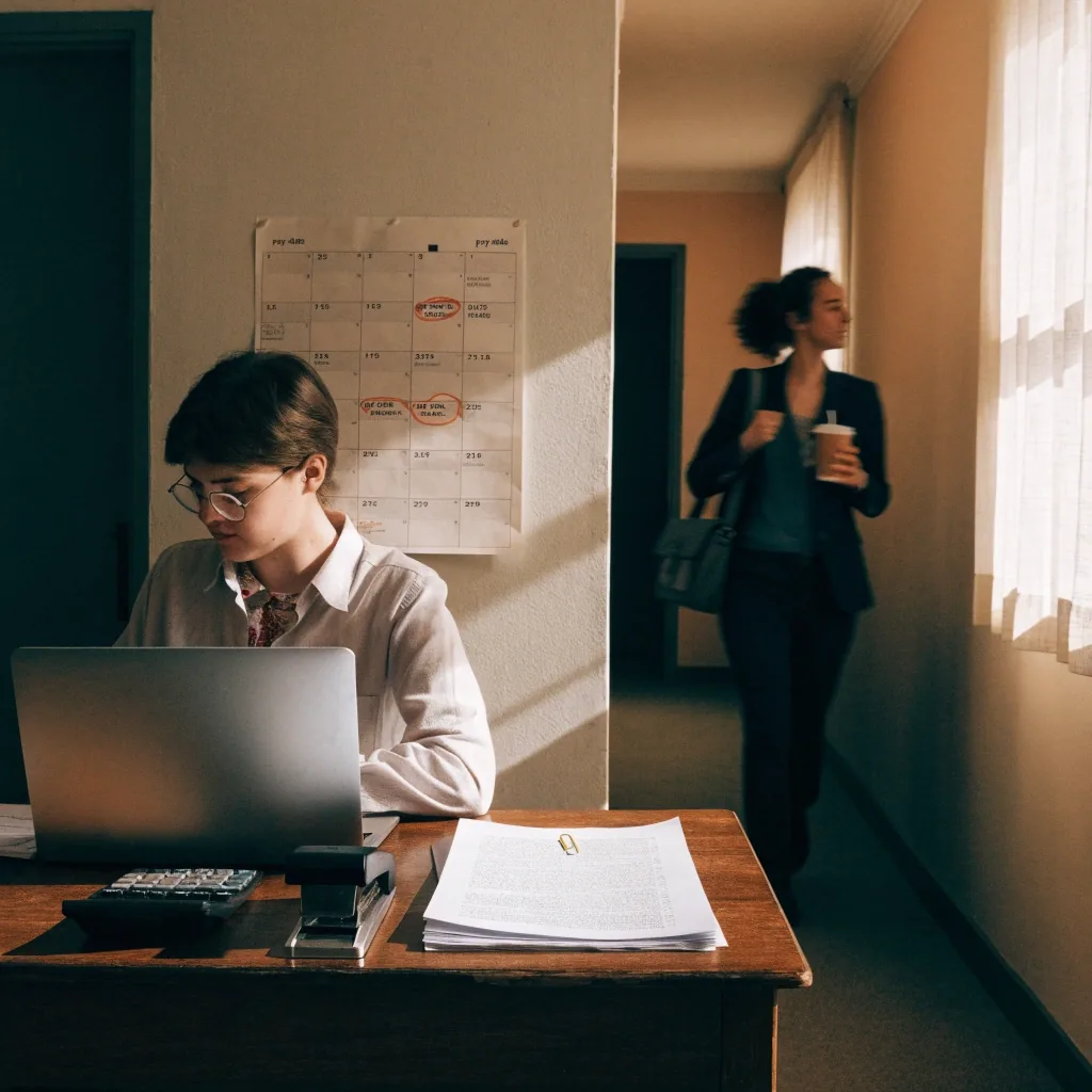 A payroll desk in a small office with a laptop turned away, a calculator, and paperwork face down