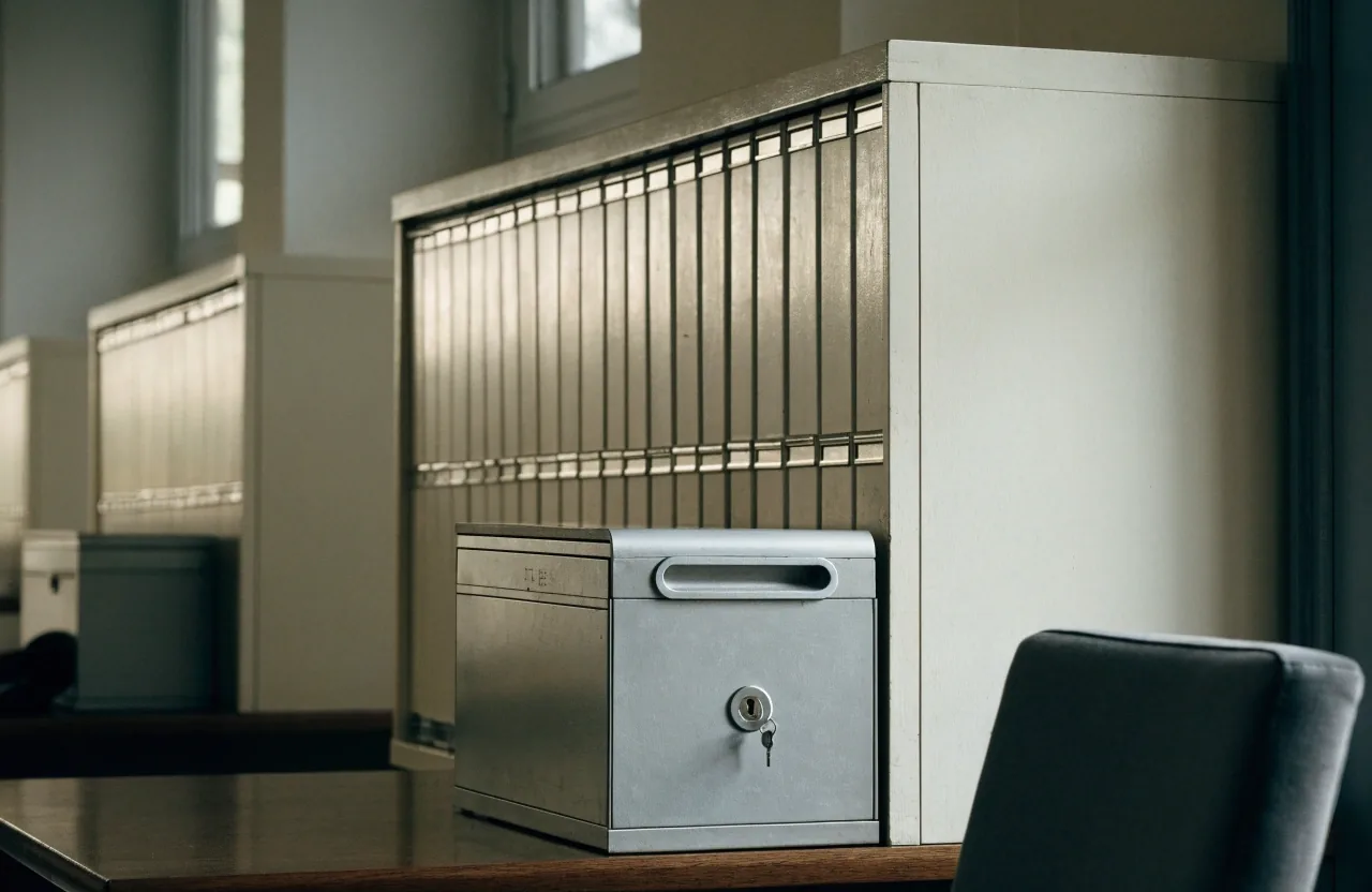 A closed filing drawer with a key in the lock and a storage box on the shelf above, lit by evening light