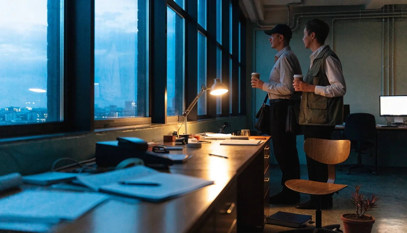 Quiet office corner at the end of the workday with a desk lamp and closed laptop