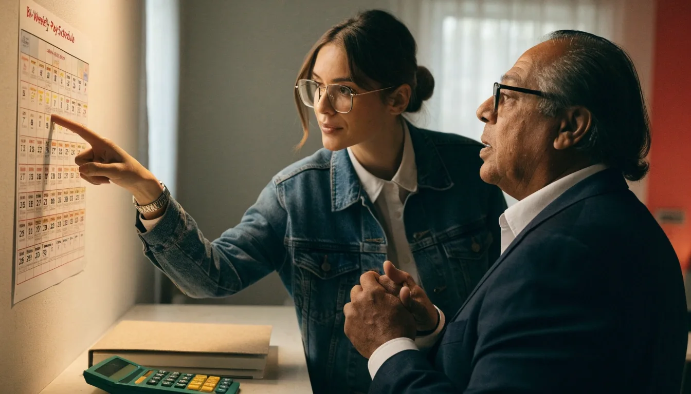 Two people reviewing payroll paperwork and a laptop at a table