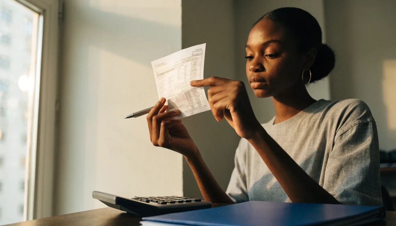 Payroll administrator comparing printed pay statements with a screen at a warm-lit desk