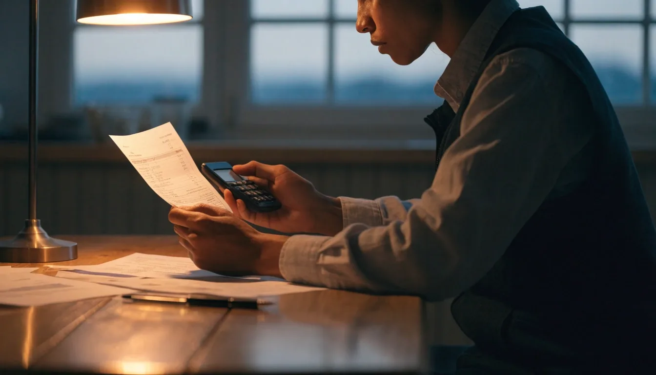 Person reviewing a printed pay statement beside a calculator under warm lamp light